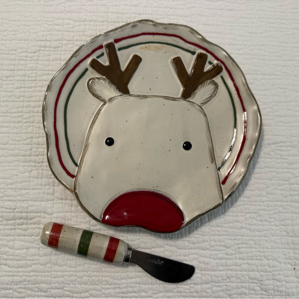Mud Pie Reindeer Plate and Spreader Set - Red, Green, Brown